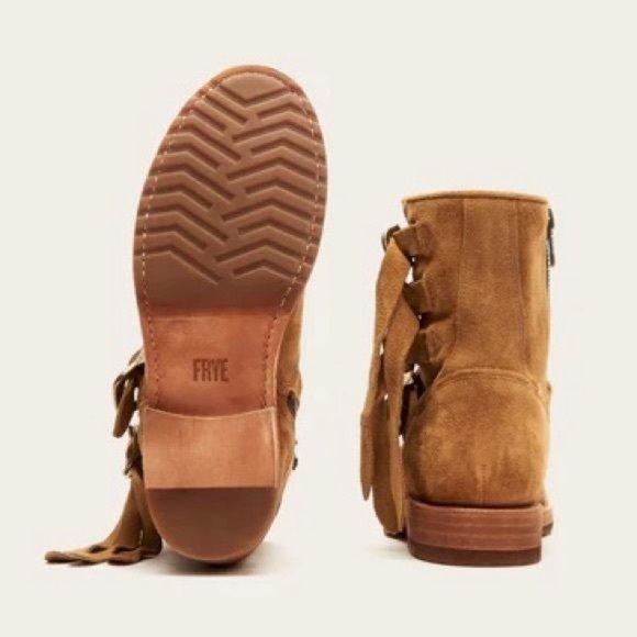 FRYE | Veronica Buckle Strap Suede Short Ankle Biker Moto Boots in ‘Brandy’ - Picture 4 of 13